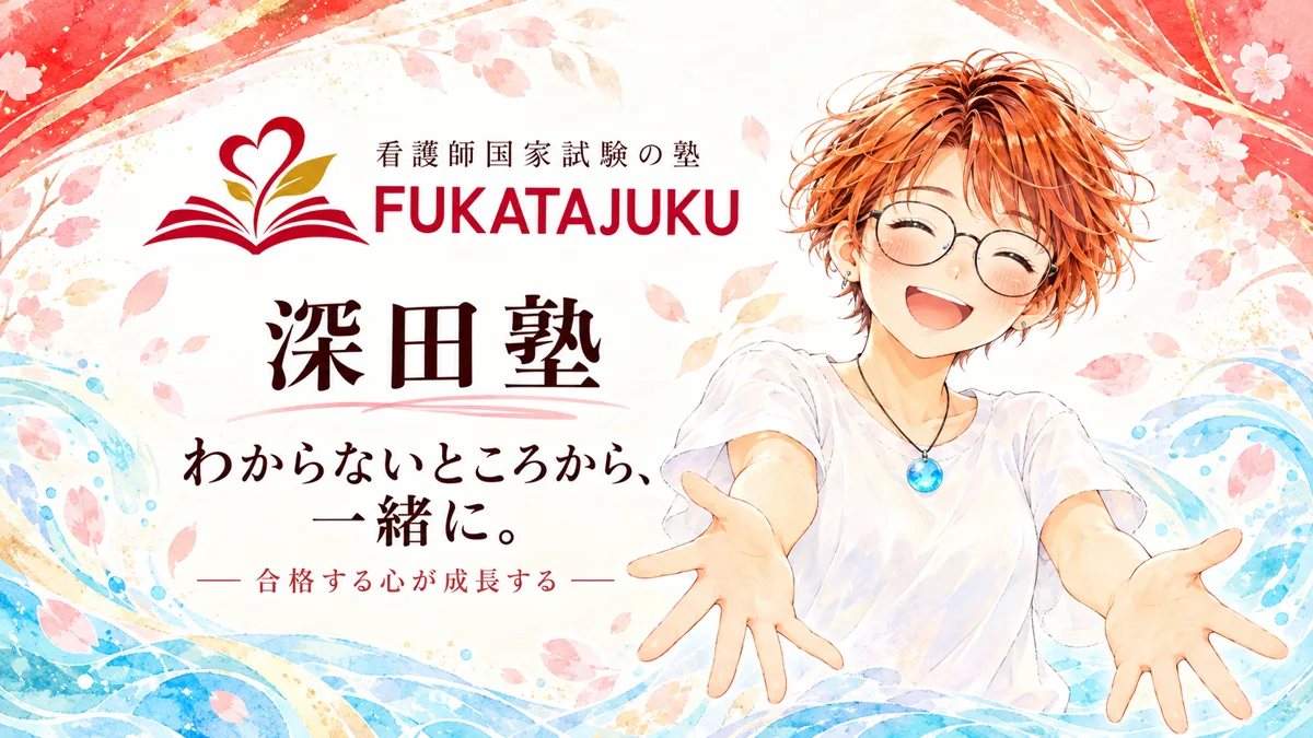 桜と水の流れに囲まれたメガネの先生と深田塾ロゴ