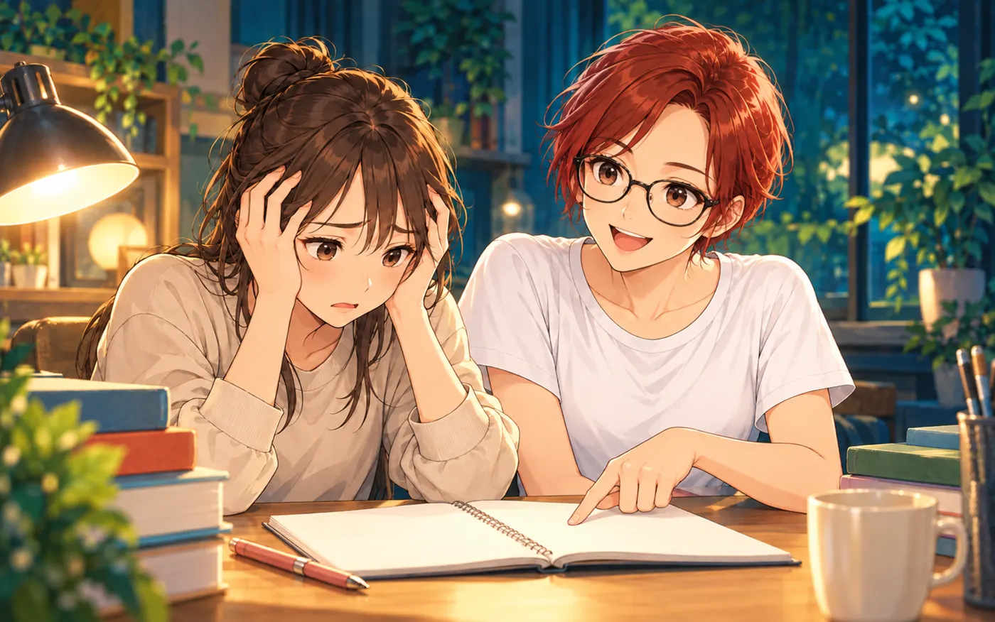 白いノートを前に、一緒に整理するのイメージイラスト