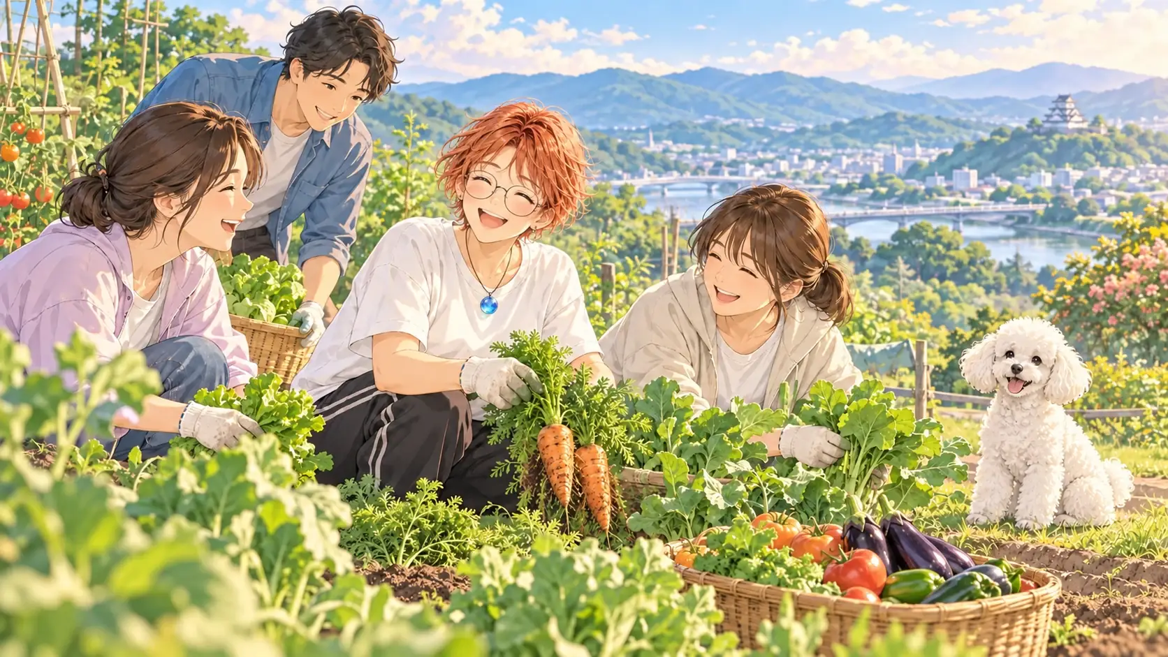 岡山の菜園で、みんなと収穫のイメージイラスト
