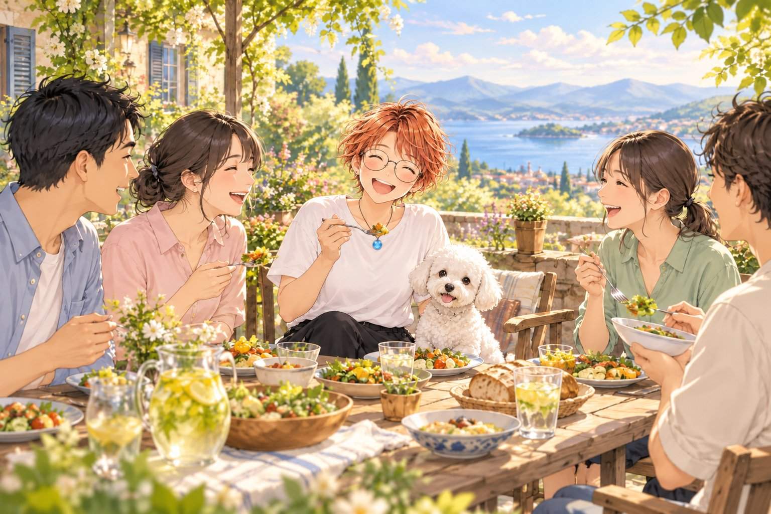 仲間と囲む、ご飯の時間のイメージイラスト