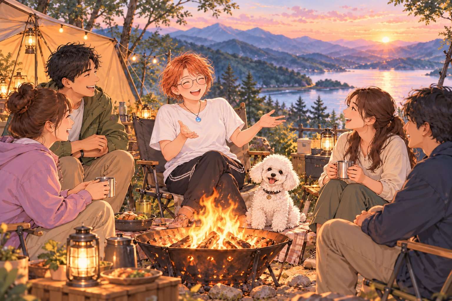 焚き火を囲む、キャンプの夜のイメージイラスト